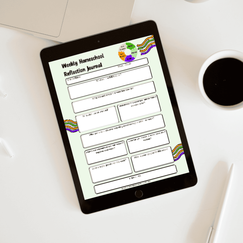 Weekly Homeschool Reflection Journal Tablet and Coffee